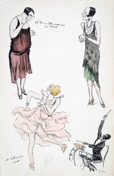 Two transvestites in discussion while a further dances to a musician on the drums, from White Bottoms, pub. 1927
